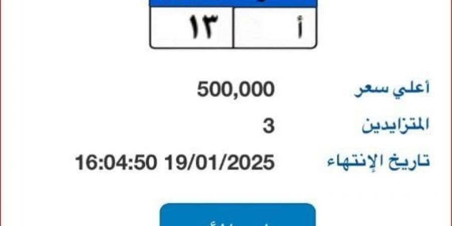 سعرها يصل لـ 500 ألف جنيه.. طرح لوحة سيارة مميزة برقم «ب أ - 13»